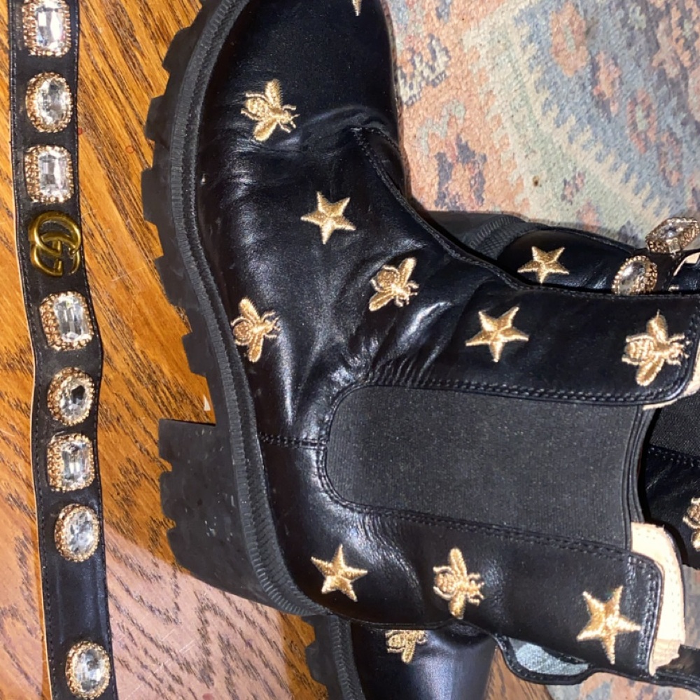 Black and Gold Star Embellished Boots - Picture 2 of 5